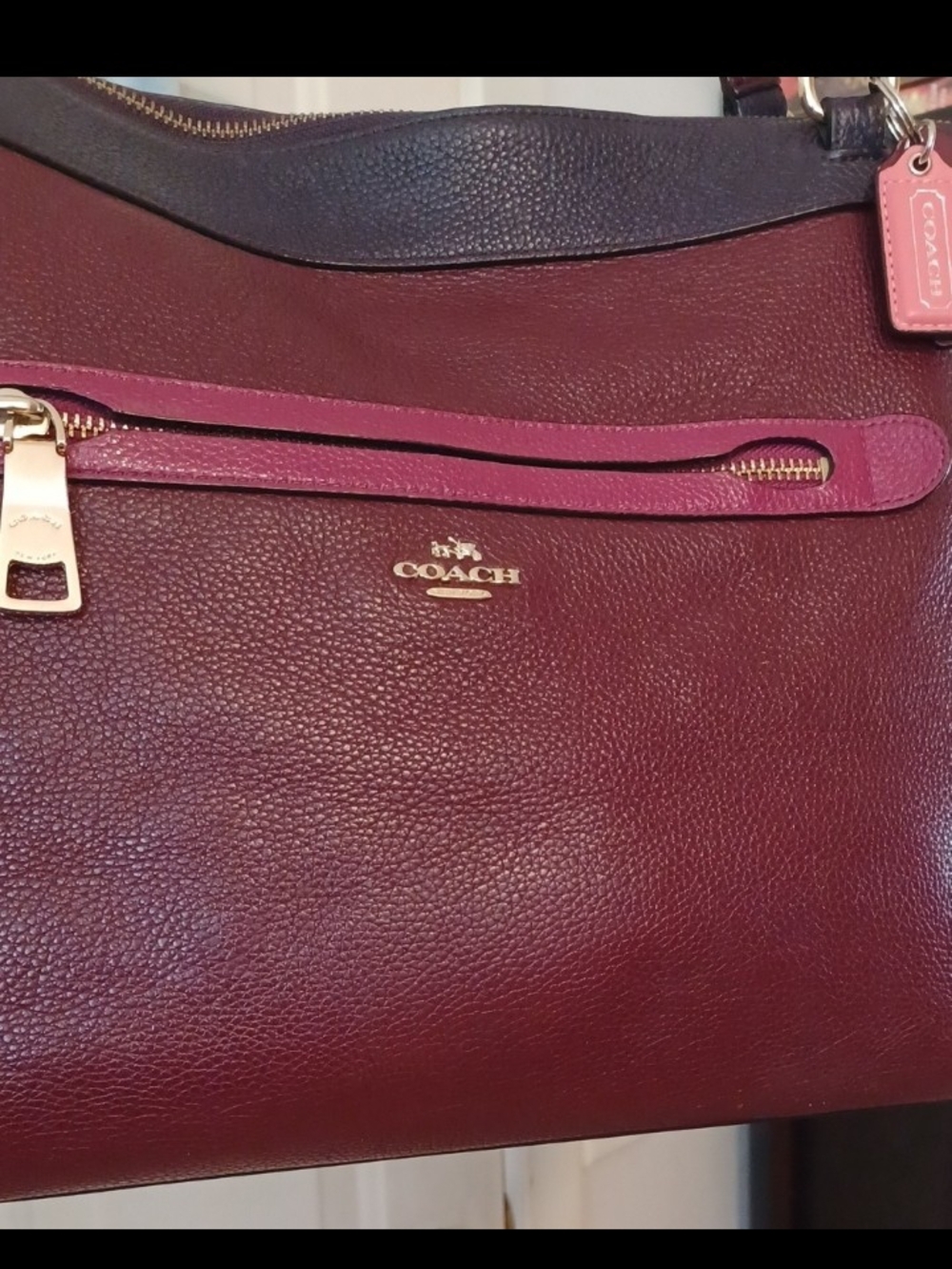 Coach Burgundy Leather Tote Navy Trim and Pink Accent Hangtags Shoulder Purse - Picture 2 of 16